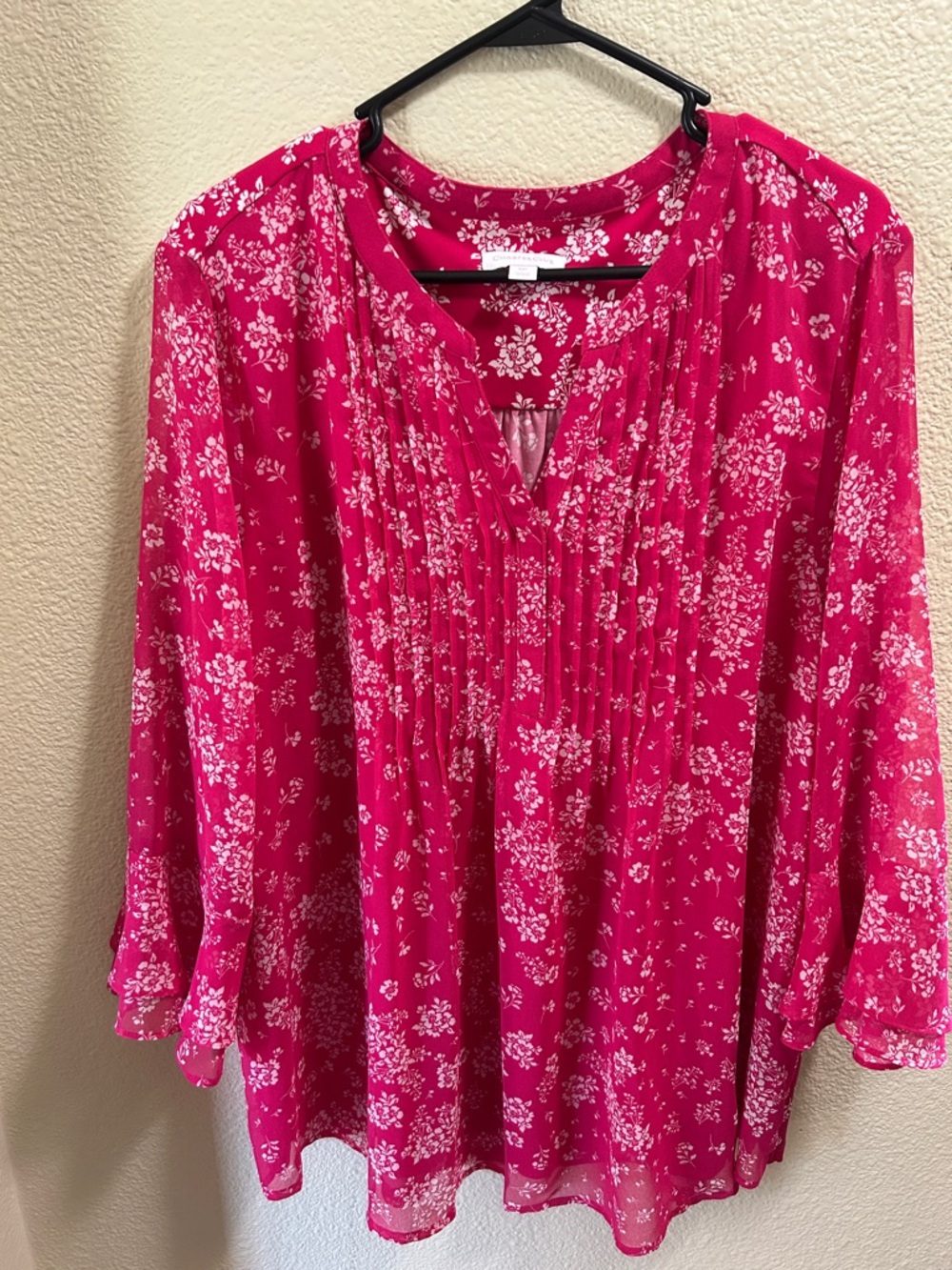 Charter Club Fuchsia Floral Pintuck V-Neck Tunic